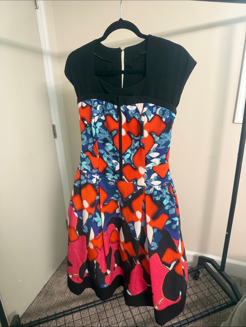 Fit-and-Flare Midi Dress in Black with Vibrant Multi-Color Print